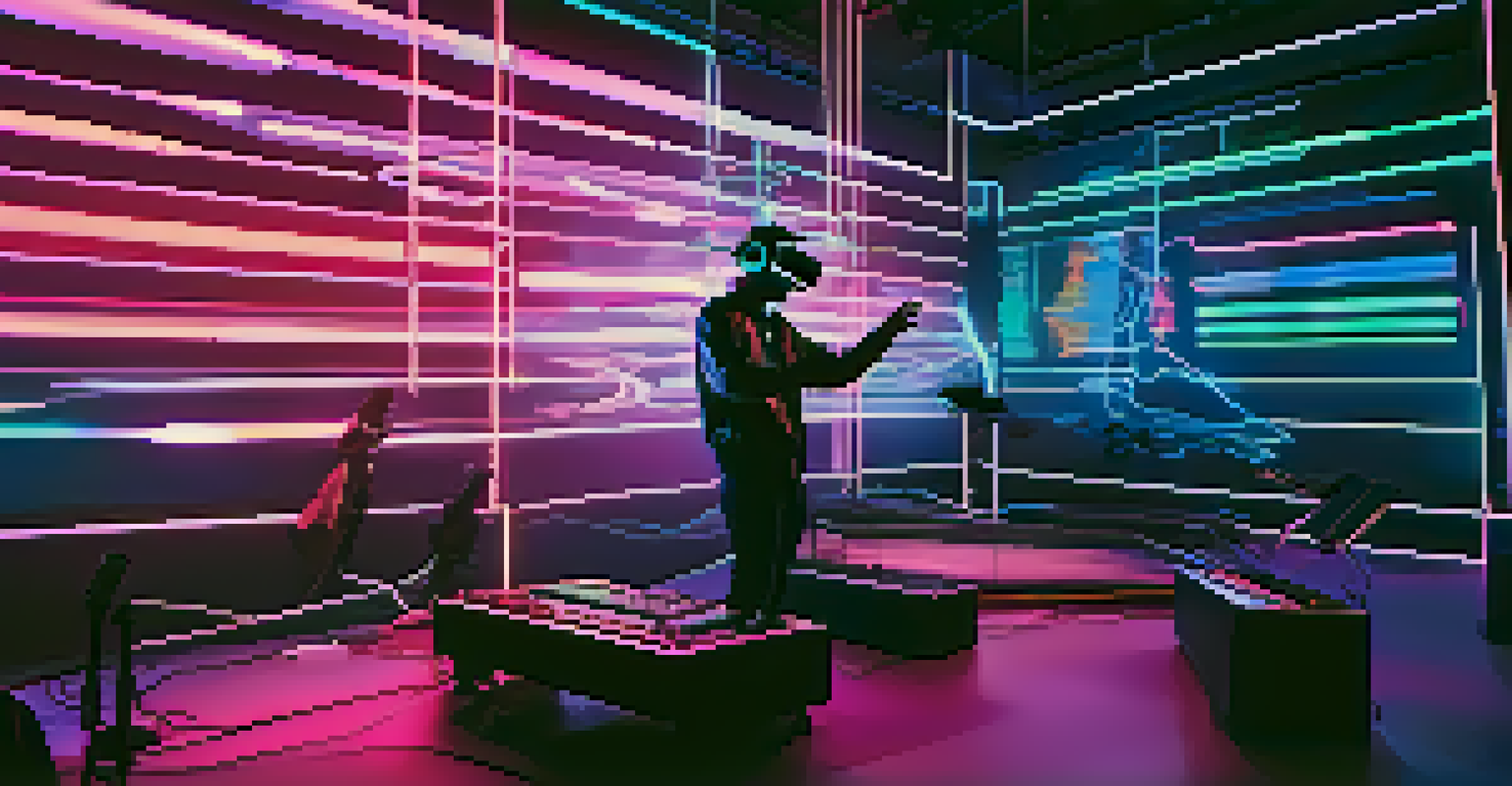 A futuristic musician using virtual reality to manipulate sounds, surrounded by neon colors and digital waveforms, illustrating the intersection of technology and music.