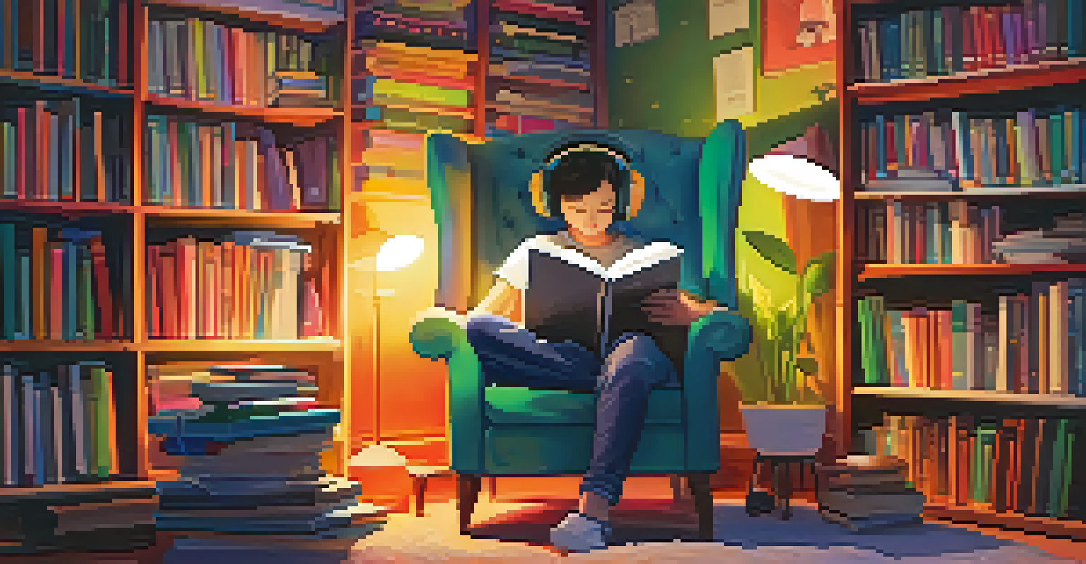 An individual in an armchair, wearing headphones and reading a book, surrounded by a colorful bookshelf, depicting music enhancing memory recall.
