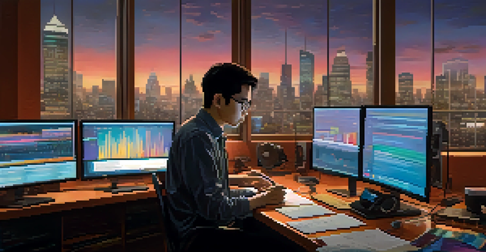 A music critic analyzing data on multiple screens in a modern office setting at dusk.