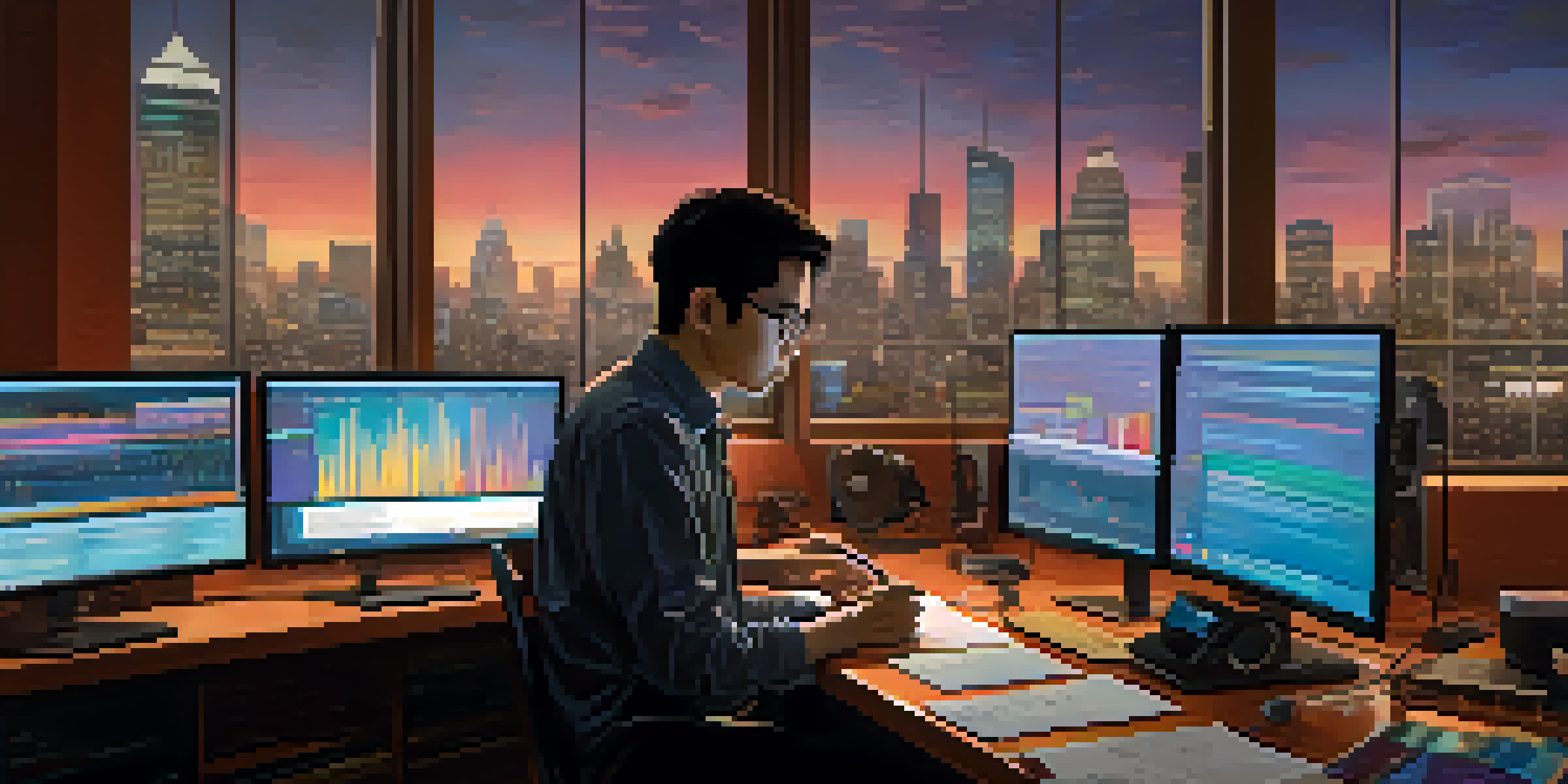 A music critic analyzing data on multiple screens in a modern office setting at dusk.