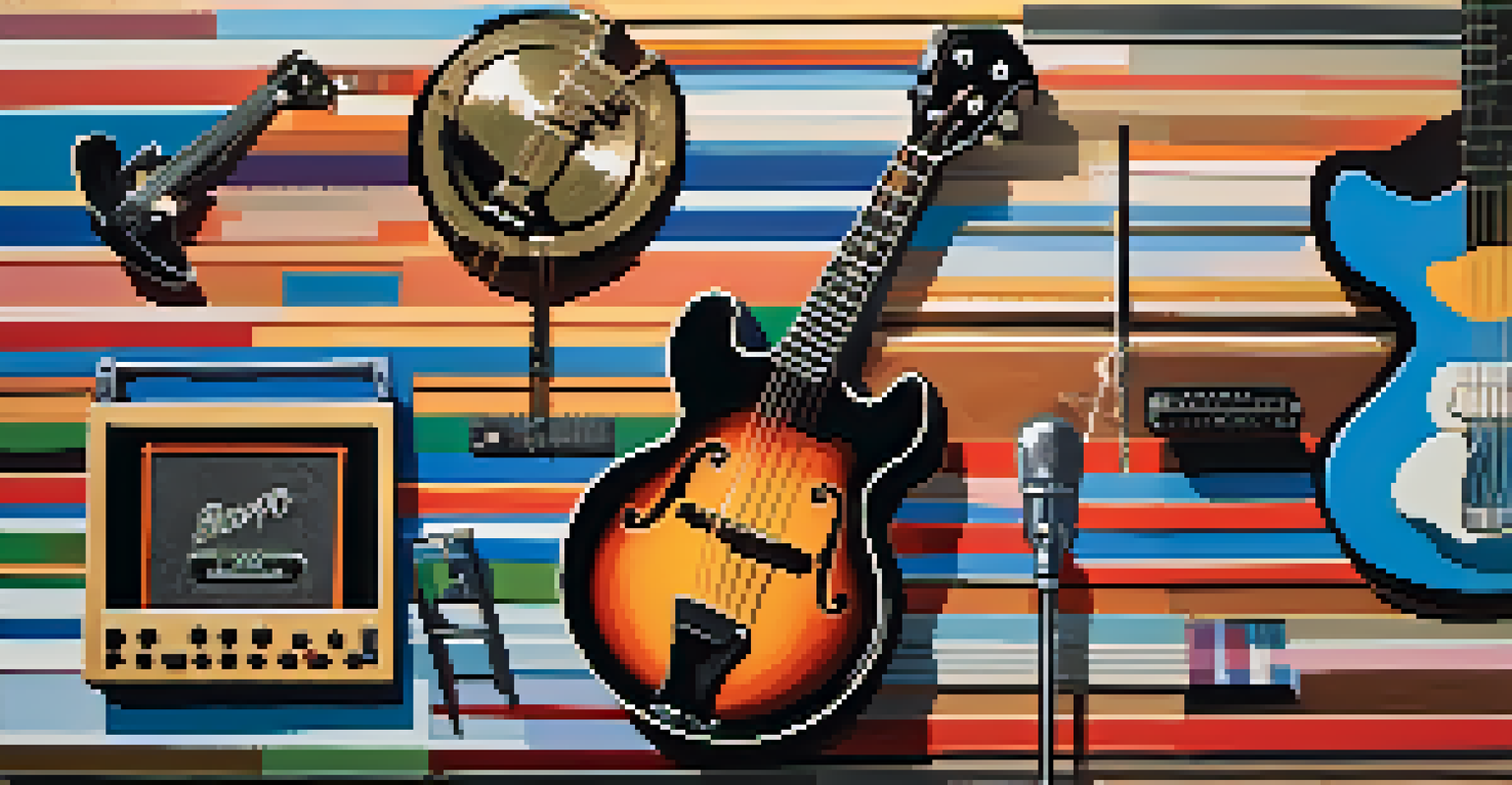 A colorful collage of musical genres represented by different iconic instruments, highlighting their unique colors and textures.