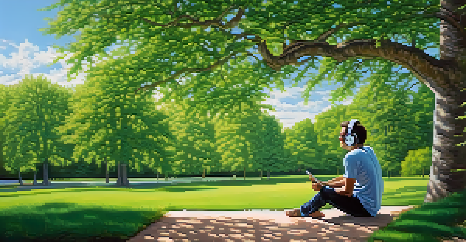 A person sitting outdoors with headphones, enjoying music surrounded by lush green trees and a clear sky, conveying relaxation and contemplation.