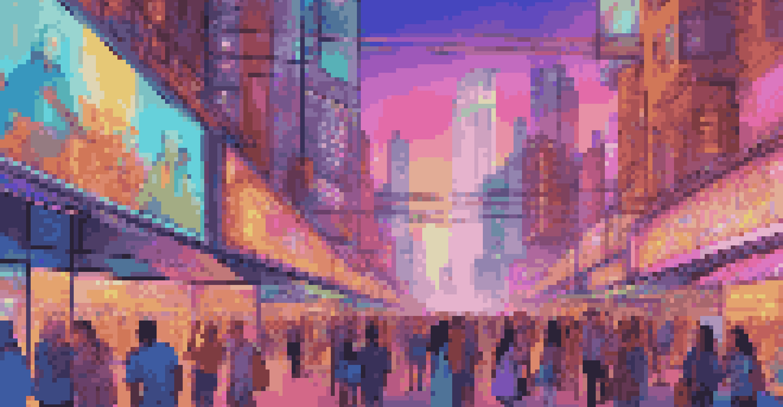 Fans exploring a vibrant virtual marketplace for music NFTs in a futuristic city.