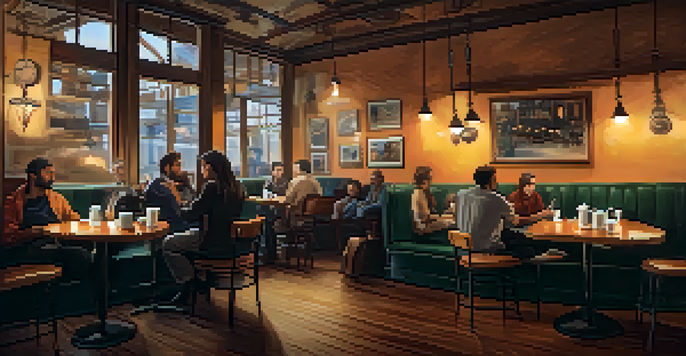 A cozy café with warm lighting, a steaming cup of coffee on a wooden table, and musicians playing acoustic instruments in the background.
