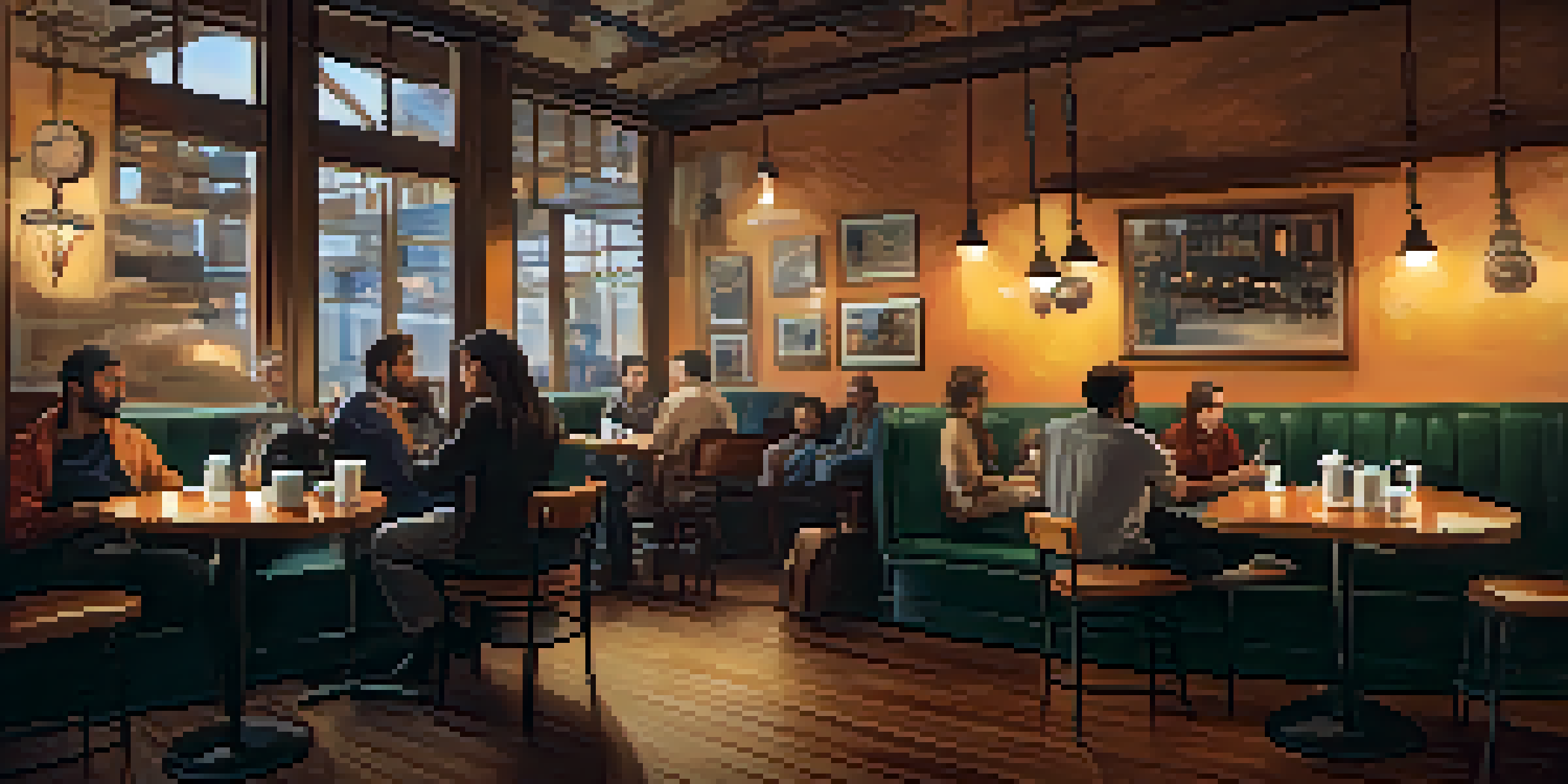 A cozy café with warm lighting, a steaming cup of coffee on a wooden table, and musicians playing acoustic instruments in the background.