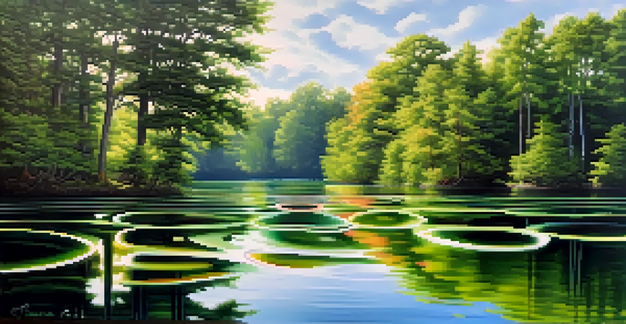 A peaceful pond scene with colorful sound waves illustrated as ripples, surrounded by green trees and sunlight.