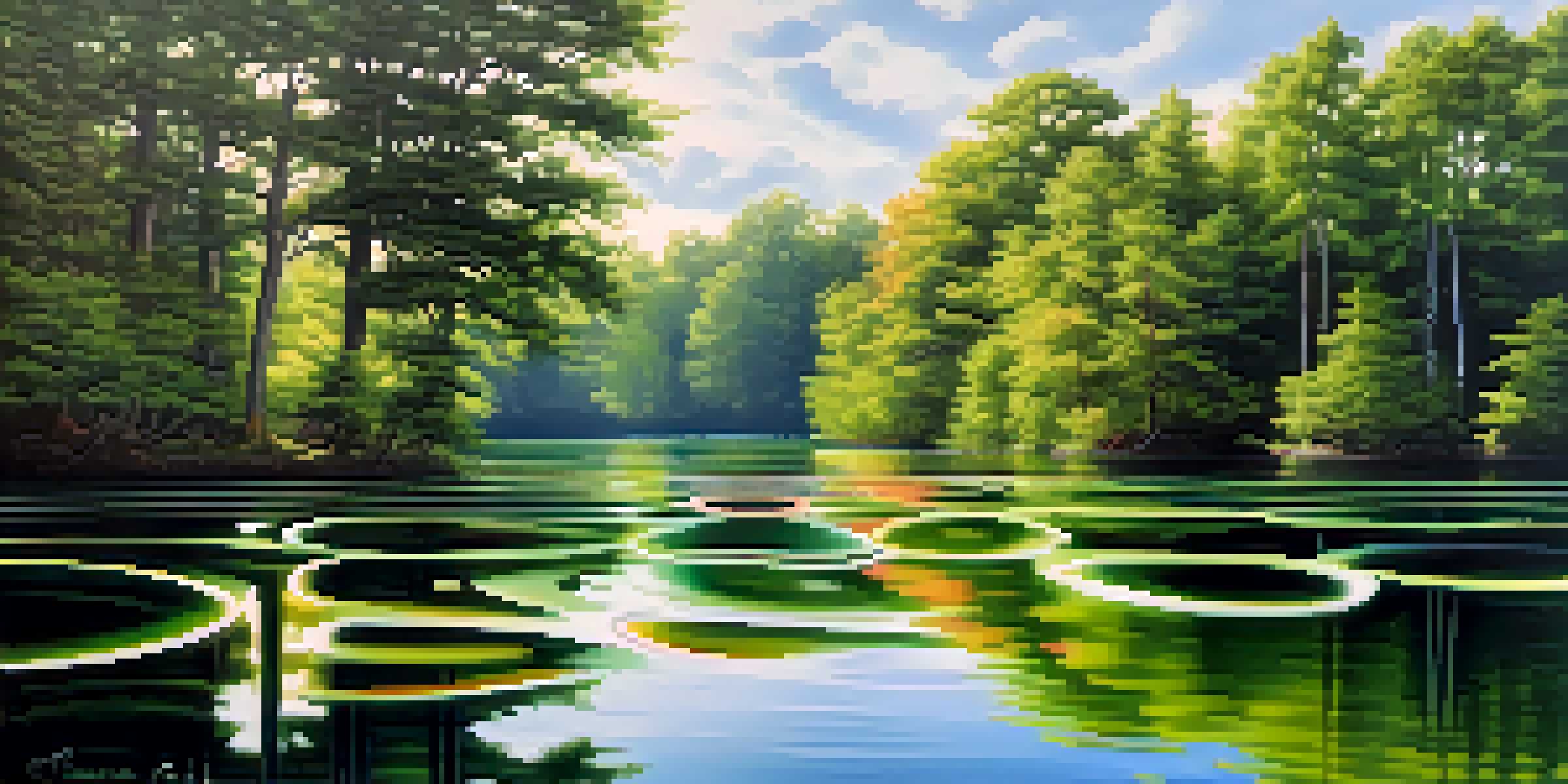 A peaceful pond scene with colorful sound waves illustrated as ripples, surrounded by green trees and sunlight.