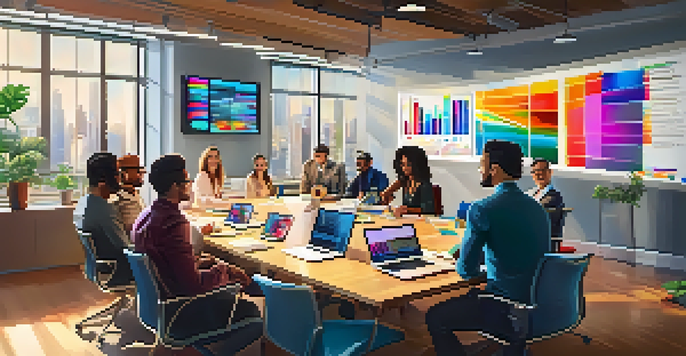 A diverse group of professionals in a modern office discussing music marketing strategies with colorful graphs on screens.