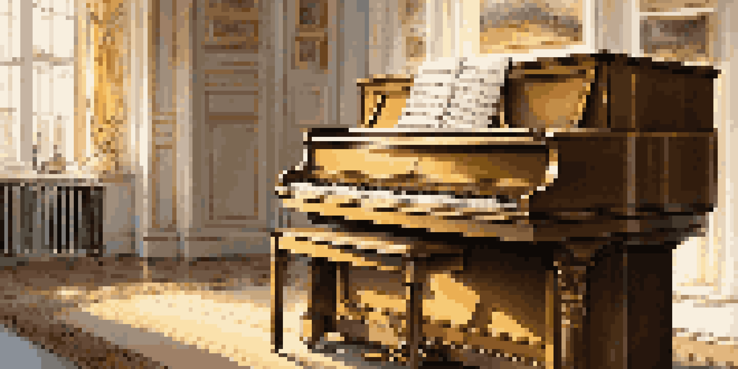A grand piano in a softly lit room with sunlight streaming in, highlighting the keys and interior strings.