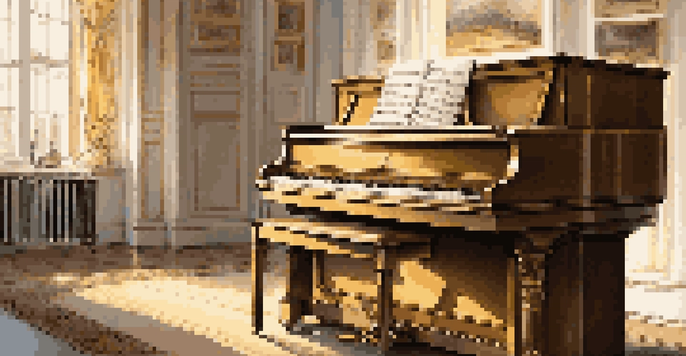 A grand piano in a softly lit room with sunlight streaming in, highlighting the keys and interior strings.