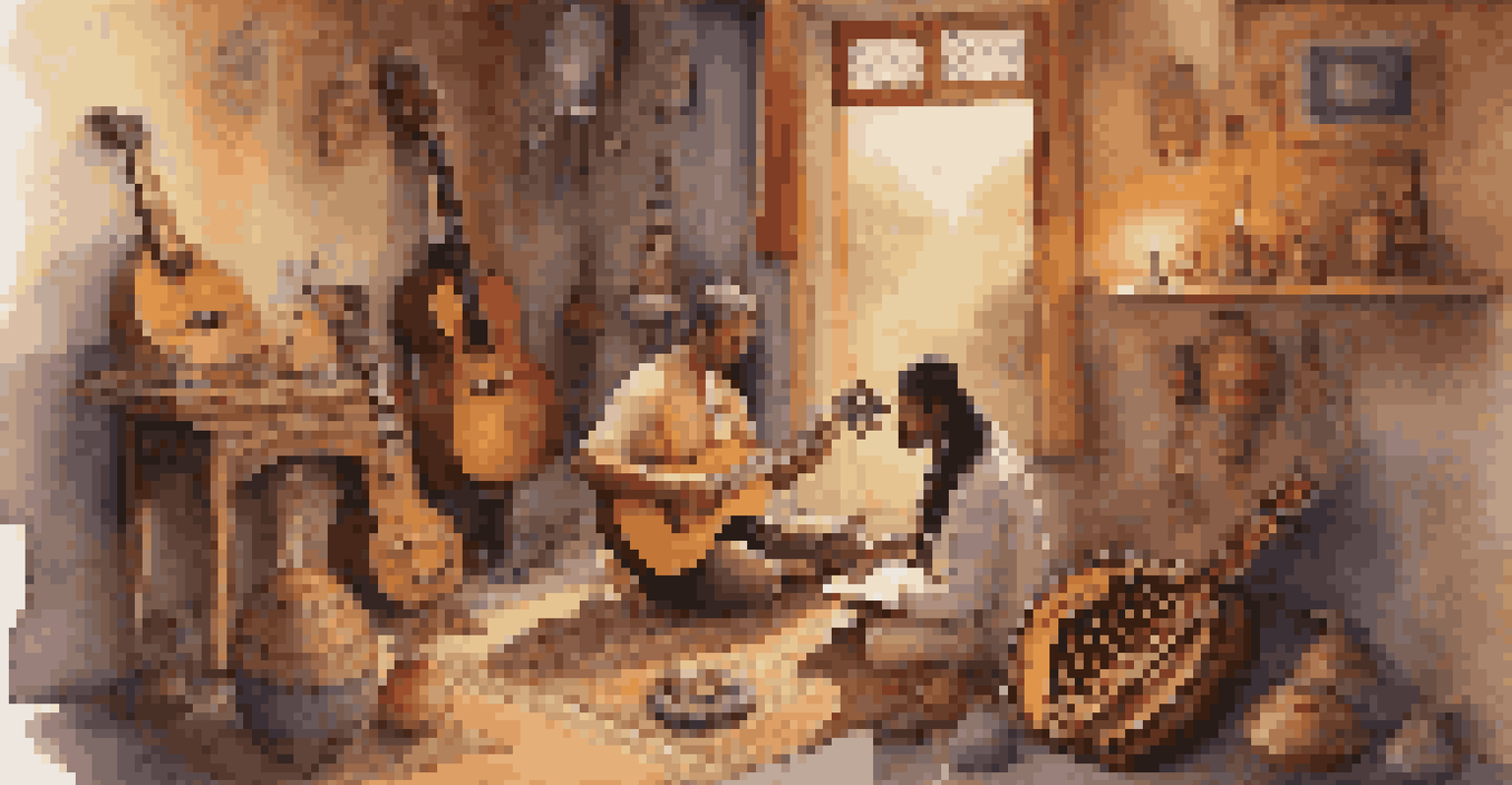 A close-up of an artist writing song lyrics with traditional musical instruments around, illuminated by soft ambient light.
