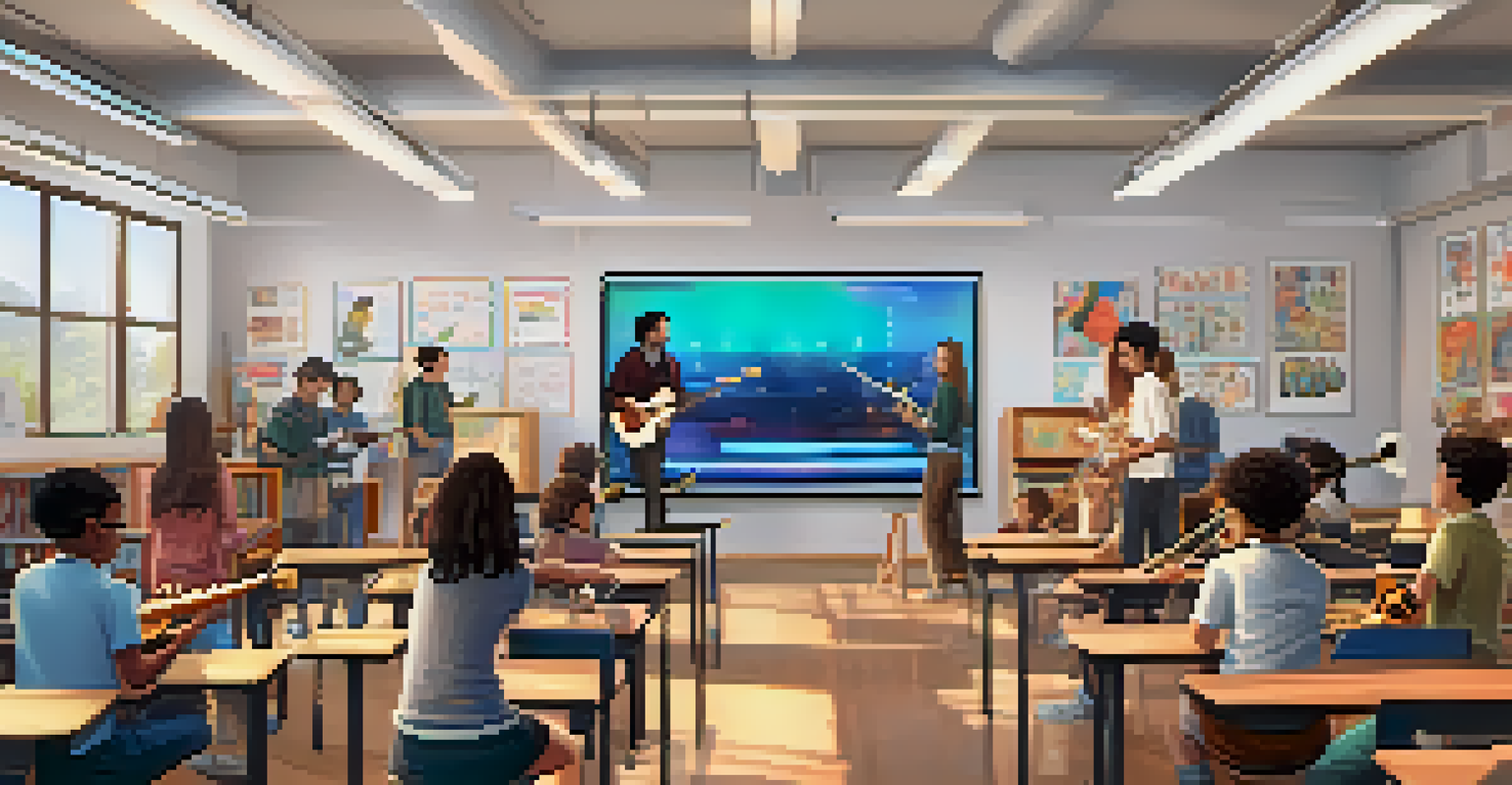 Students from diverse backgrounds interacting with AI music visuals in a vibrant classroom filled with instruments.