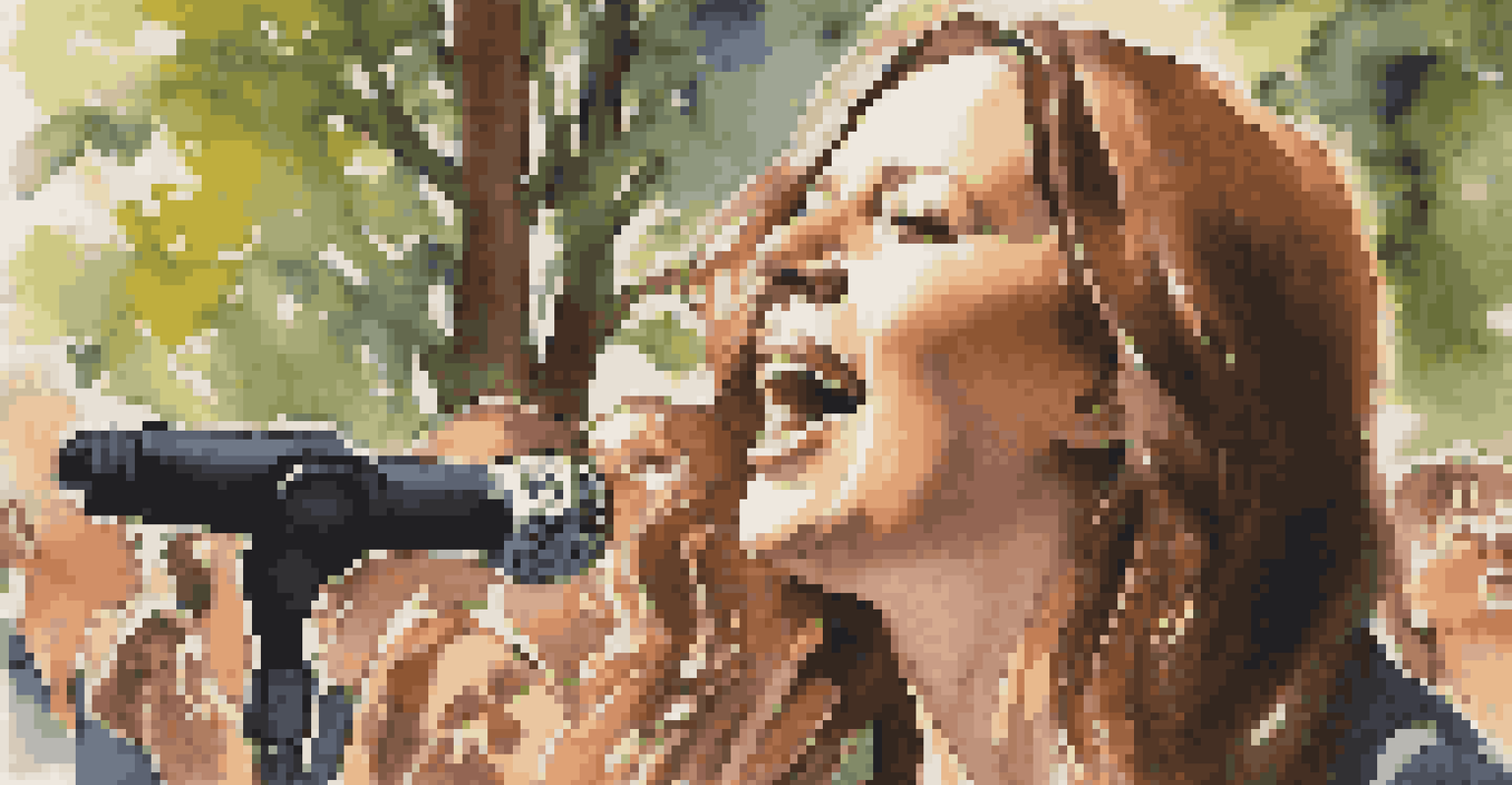 A woman passionately singing into a microphone at a concert, with an engaged audience and sunlight filtering through trees.