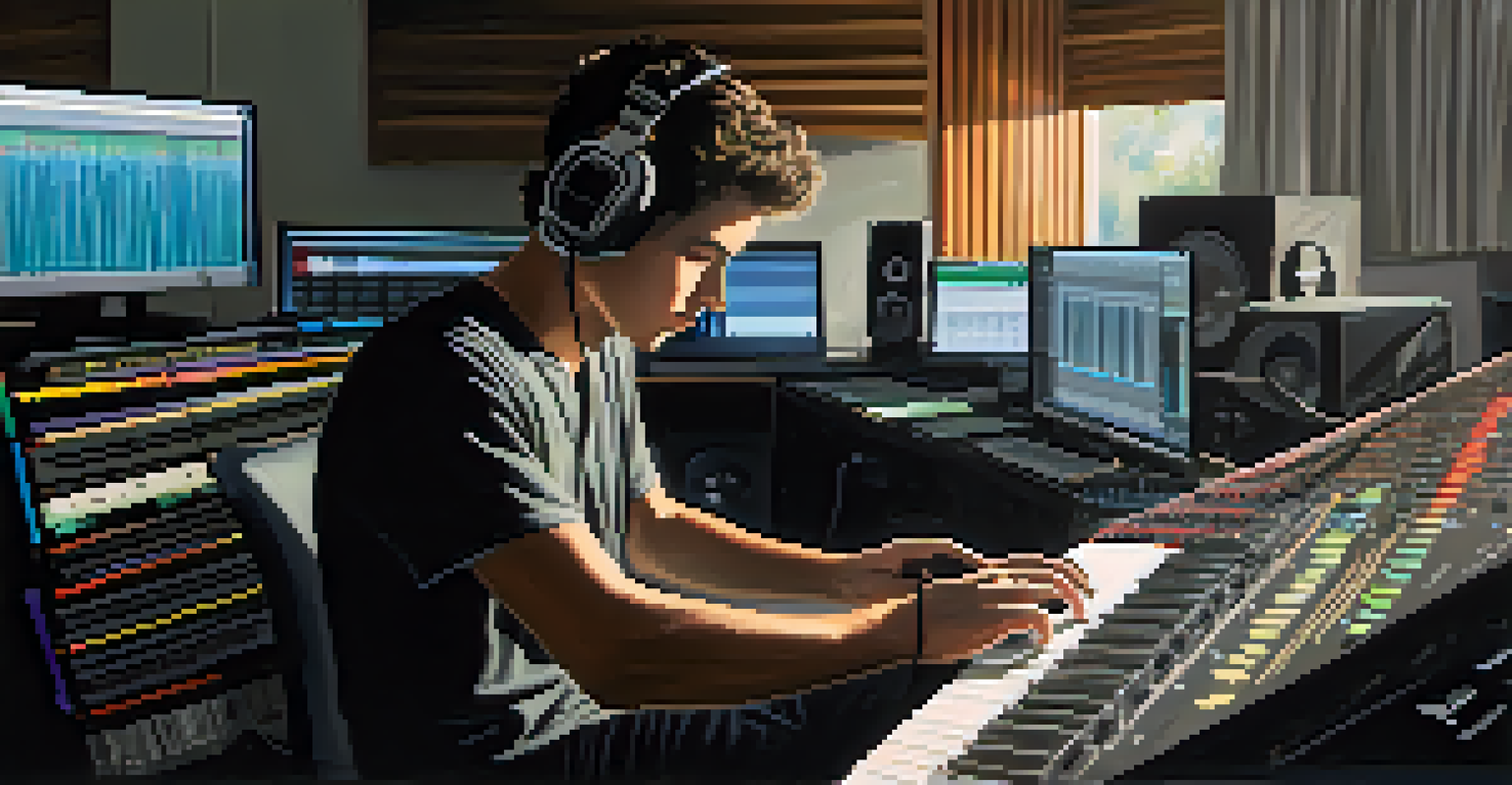 An artist working on music mastering at a computer, surrounded by instruments and sound equipment, illuminated by natural light.