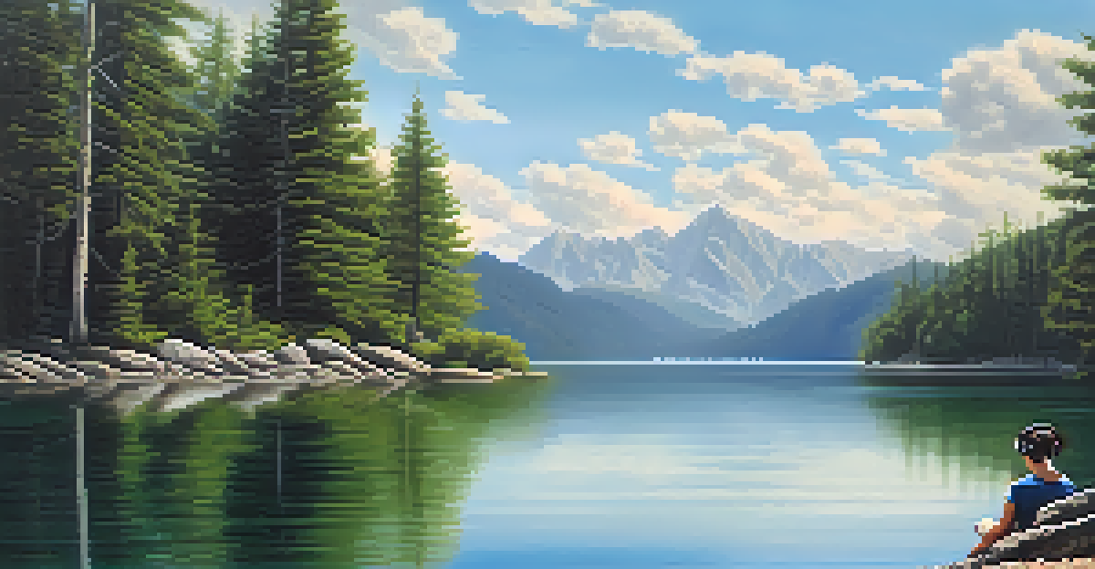 A peaceful lake surrounded by trees and mountains, with a person listening to music on a rock, symbolizing relaxation in nature.