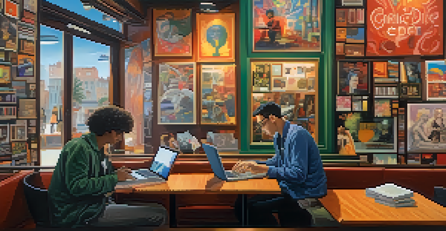 A modern music critic in a cafe, typing on a laptop with music albums around, in a cozy artistic setting.