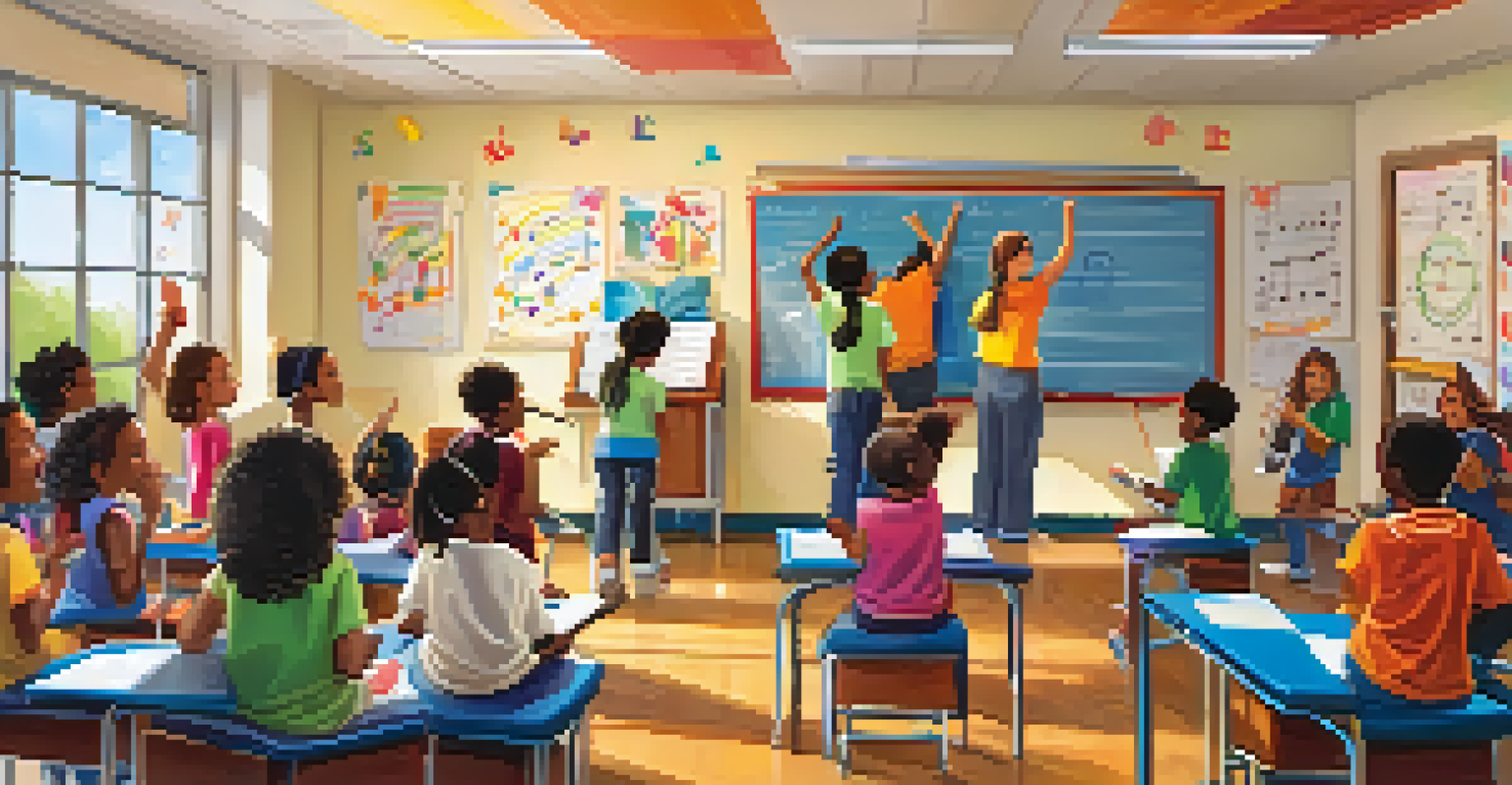 A lively classroom with students engaging in a music-themed lesson, with colorful decorations and a happy atmosphere.