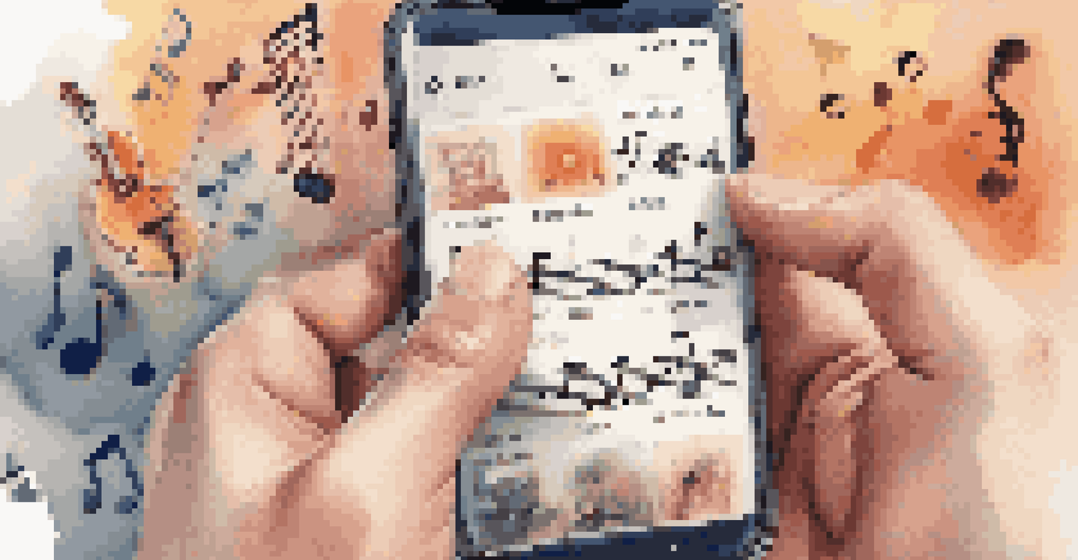 A close-up of a hand with a smartphone showing a music playlist, with musical notes and instruments blurred in the background, creating a warm ambiance.