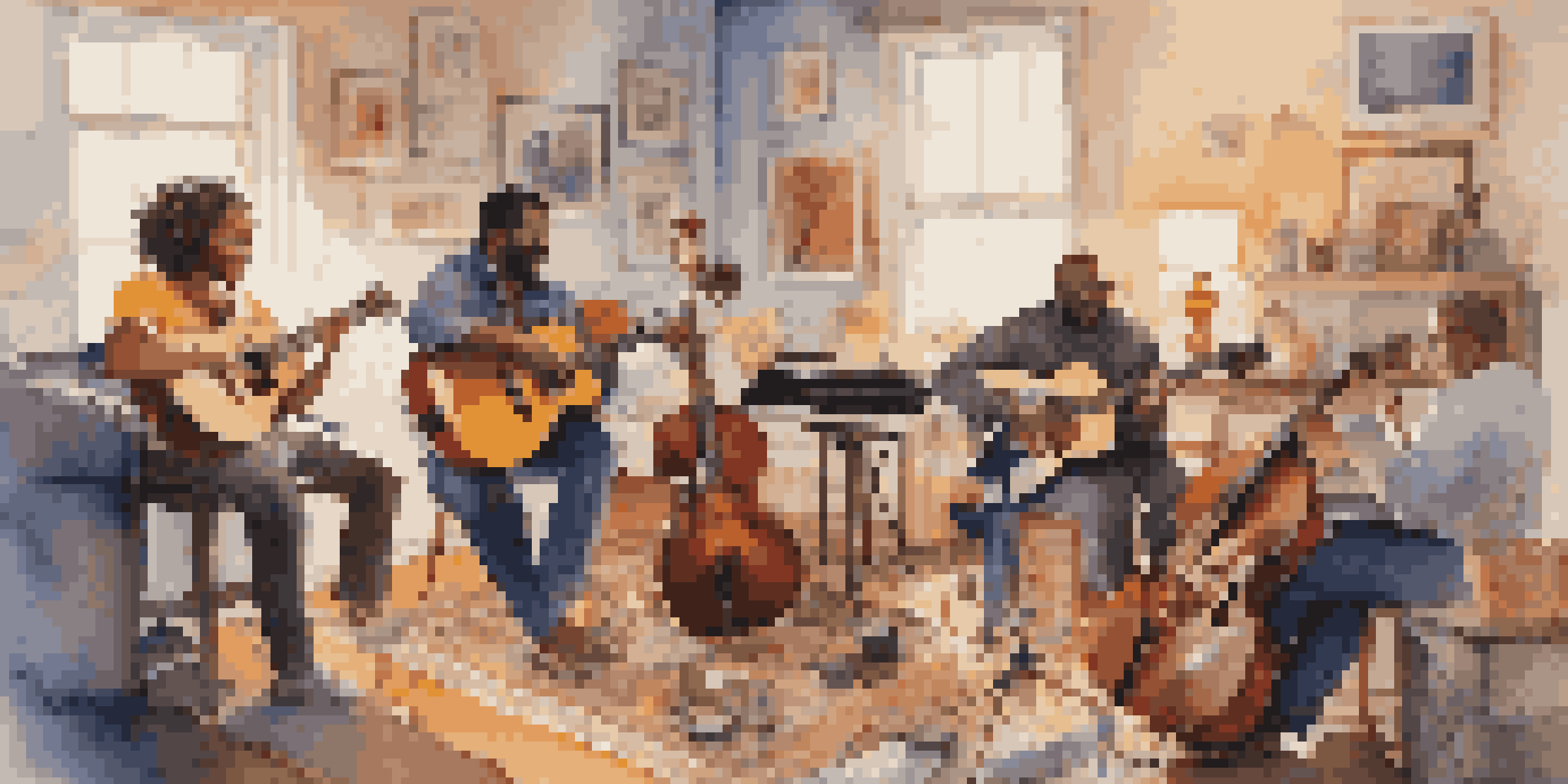 A diverse group of musicians collaborating in a bright studio filled with musical instruments and sheets of music.