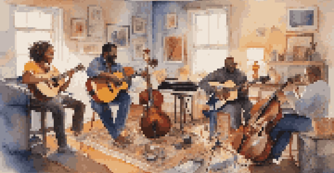 A diverse group of musicians collaborating in a bright studio filled with musical instruments and sheets of music.