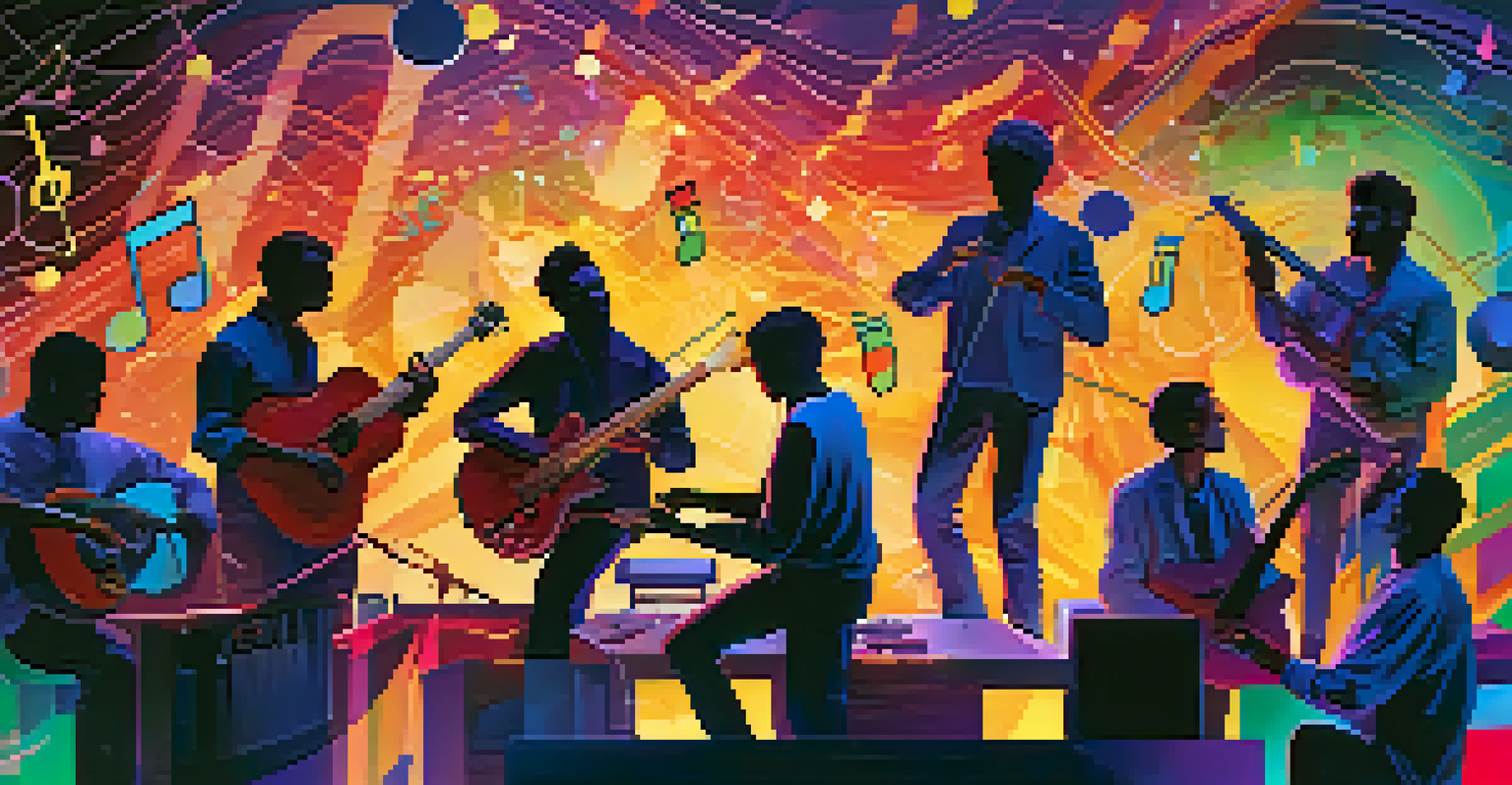 Diverse musicians collaborating in a virtual space with digital sound waves and colorful abstract shapes.