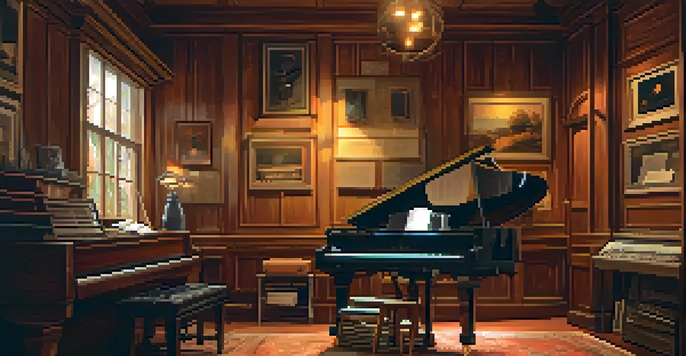 A musician in a cozy music studio, surrounded by vintage instruments and warm lighting, playing a grand piano with sheet music around.
