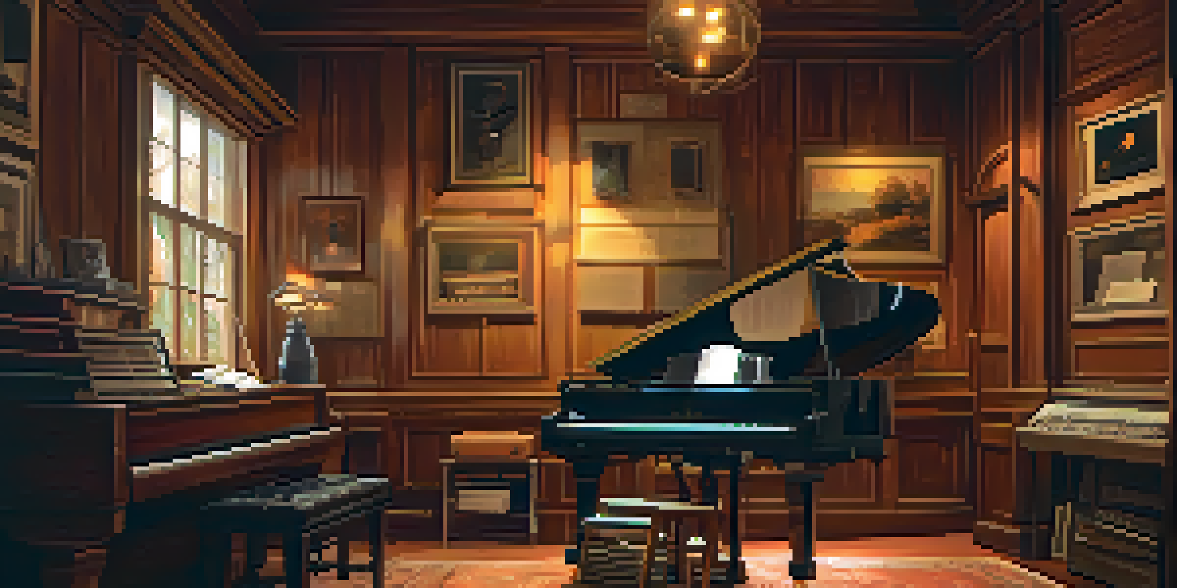 A musician in a cozy music studio, surrounded by vintage instruments and warm lighting, playing a grand piano with sheet music around.