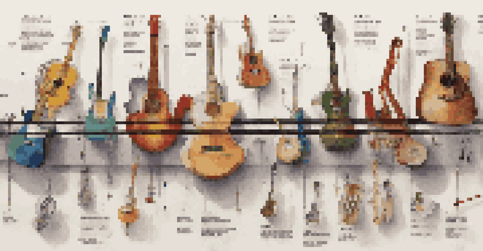 An artistic timeline illustrating the evolution of music genres with colorful illustrations of instruments and styles.
