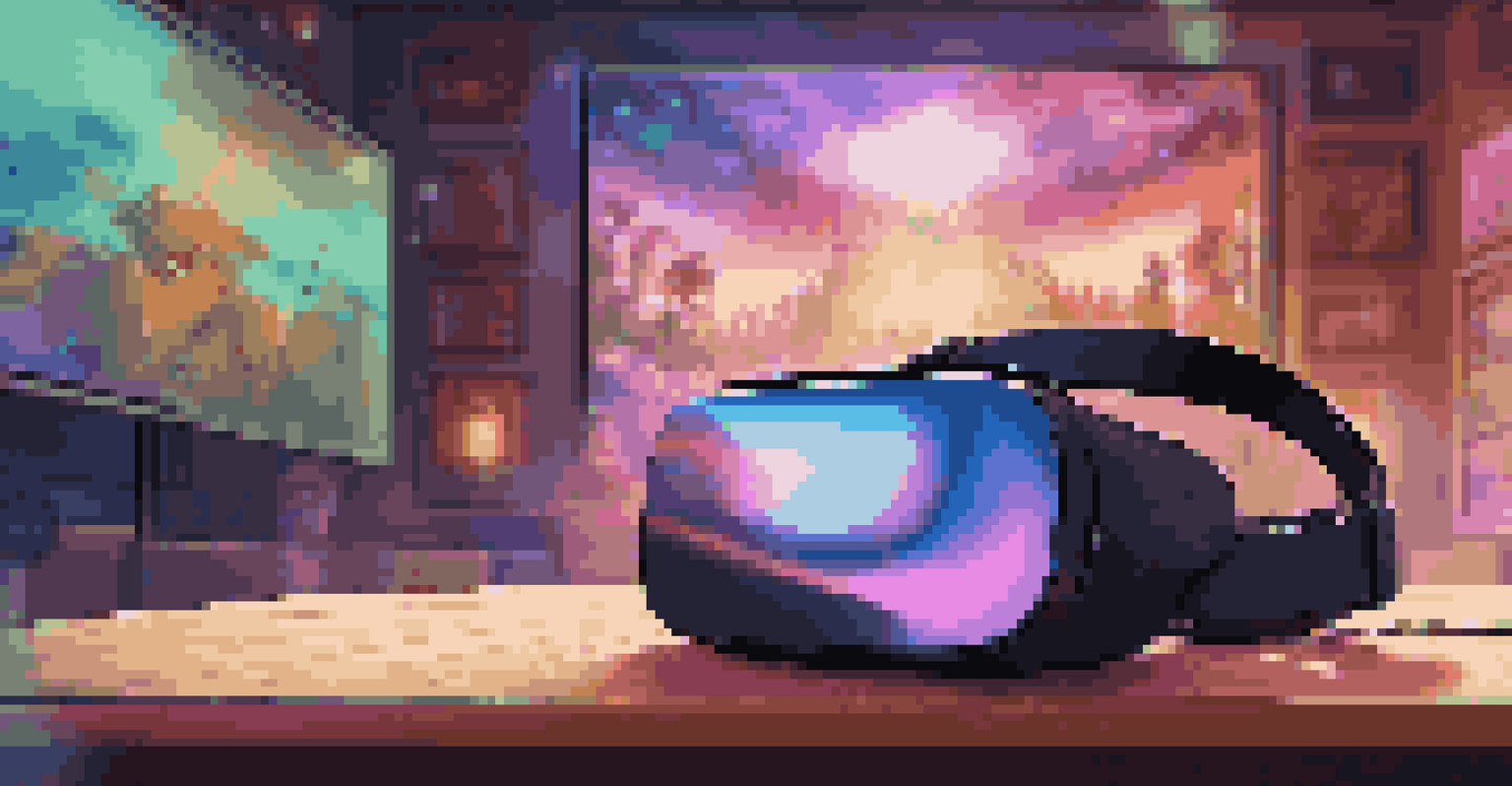 A close-up of a VR headset on a table, with a concert scene reflected in the lenses and a cozy music-themed setting.