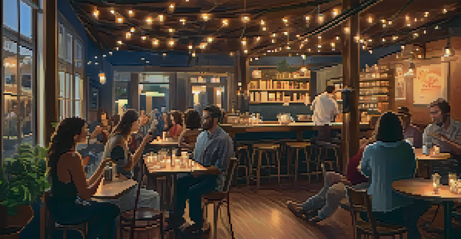 A café filled with people enjoying live music, illuminated by warm lights, creating a friendly atmosphere.