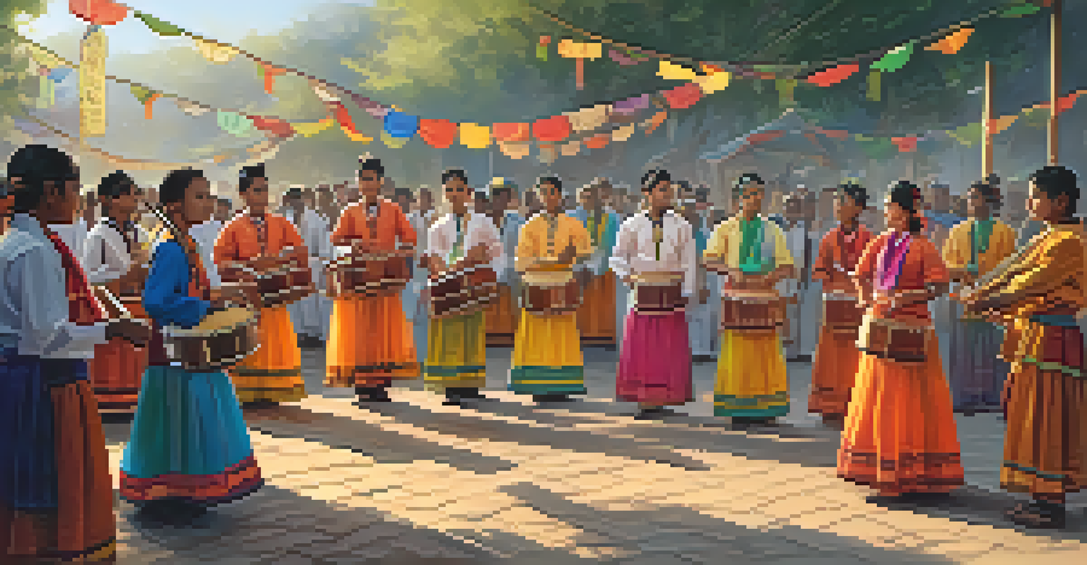 Young musicians performing traditional music at a cultural festival, dressed in colorful attire with an audience enjoying the atmosphere.