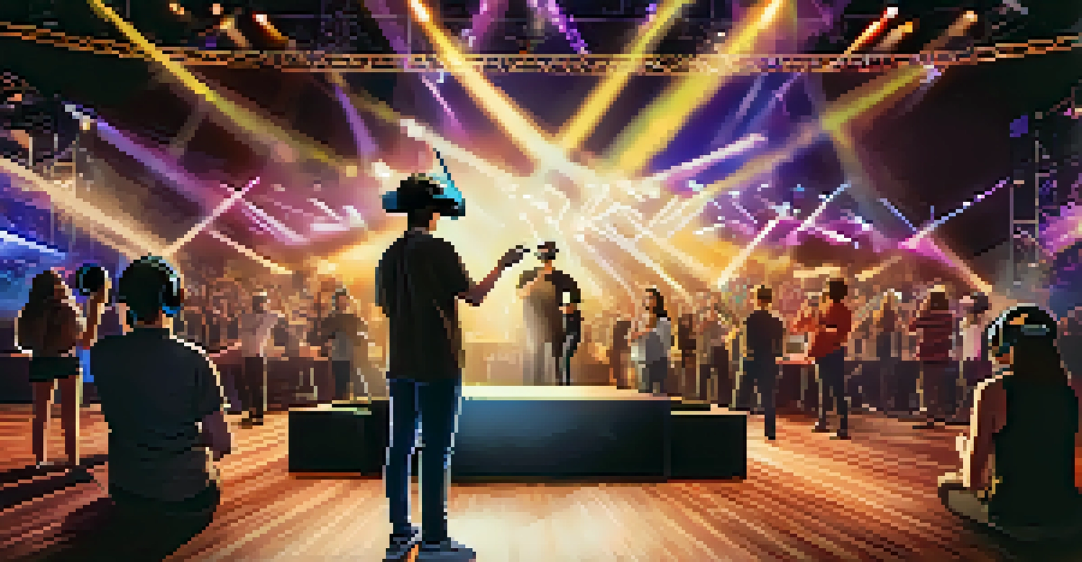 A student using virtual reality goggles to perform on a digital stage, immersed in a lively concert setting.