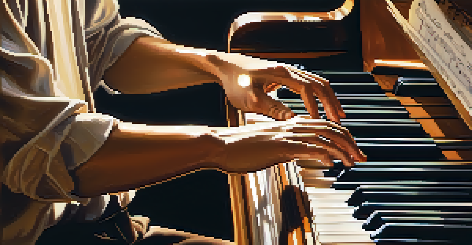 A close-up of a hand playing a grand piano with sheet music.