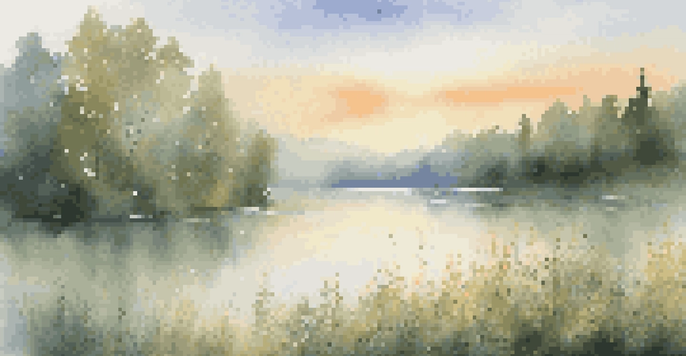 A peaceful lake at sunrise, surrounded by green forests and blooming wildflowers.