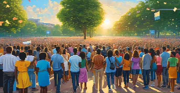 A diverse group of individuals holding hands in solidarity at a peaceful protest in a park, with colorful banners and flowers around them.
