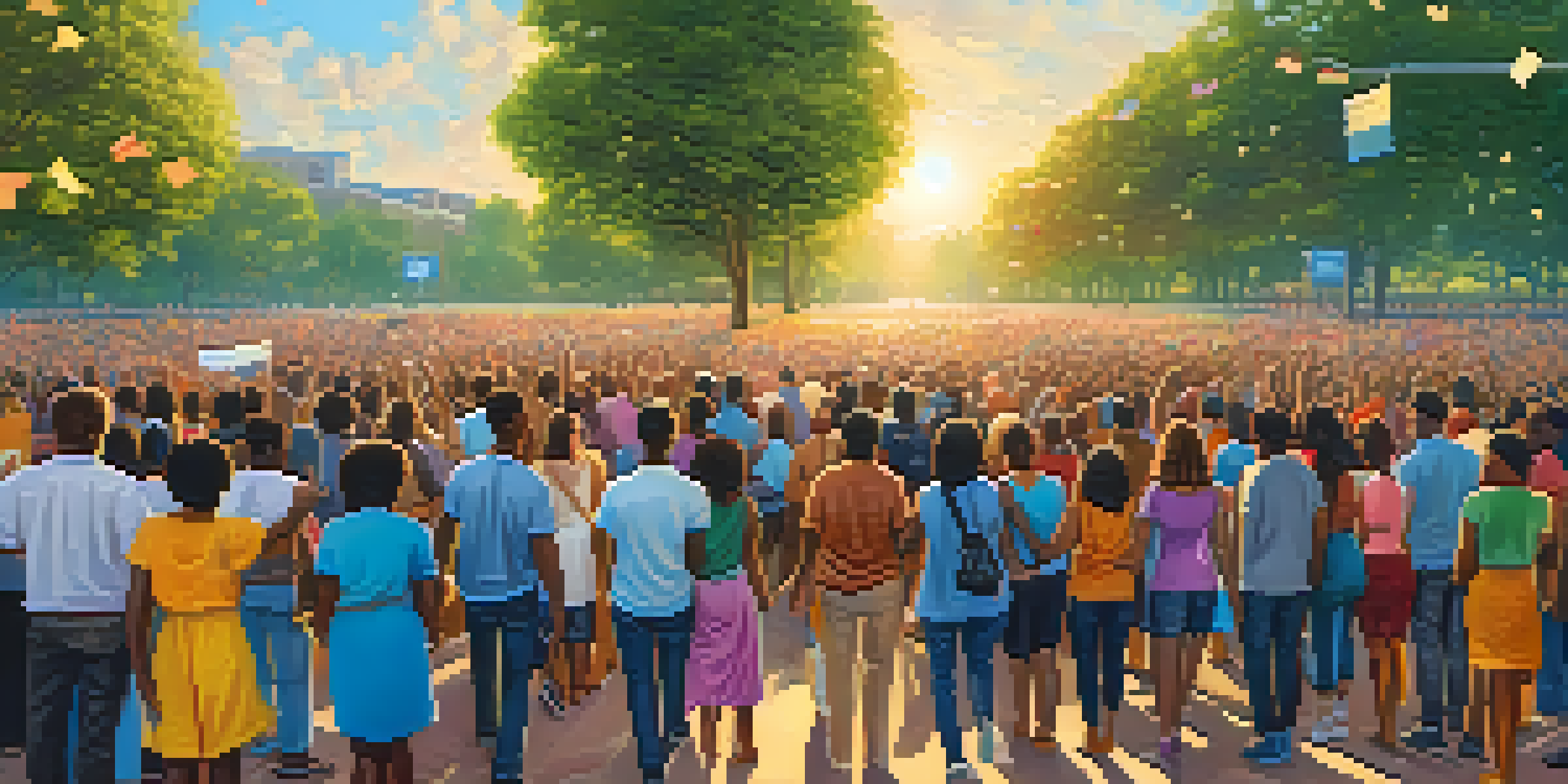A diverse group of individuals holding hands in solidarity at a peaceful protest in a park, with colorful banners and flowers around them.