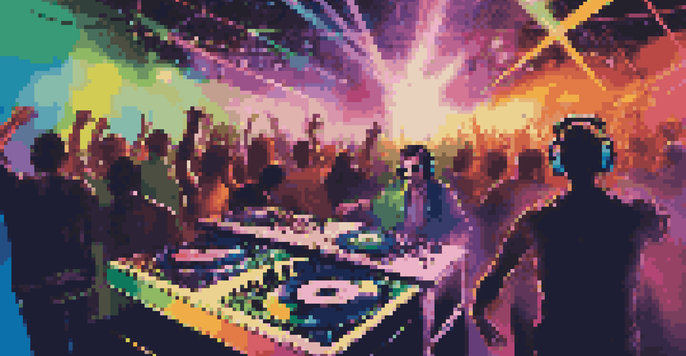 A DJ in a nightclub, mixing music with colorful lights and a lively crowd around.