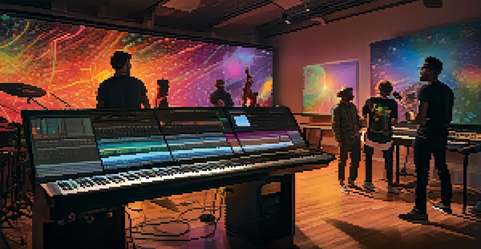 A diverse group of musicians collaborating in a vibrant music studio with high-tech equipment and warm ambient lighting.
