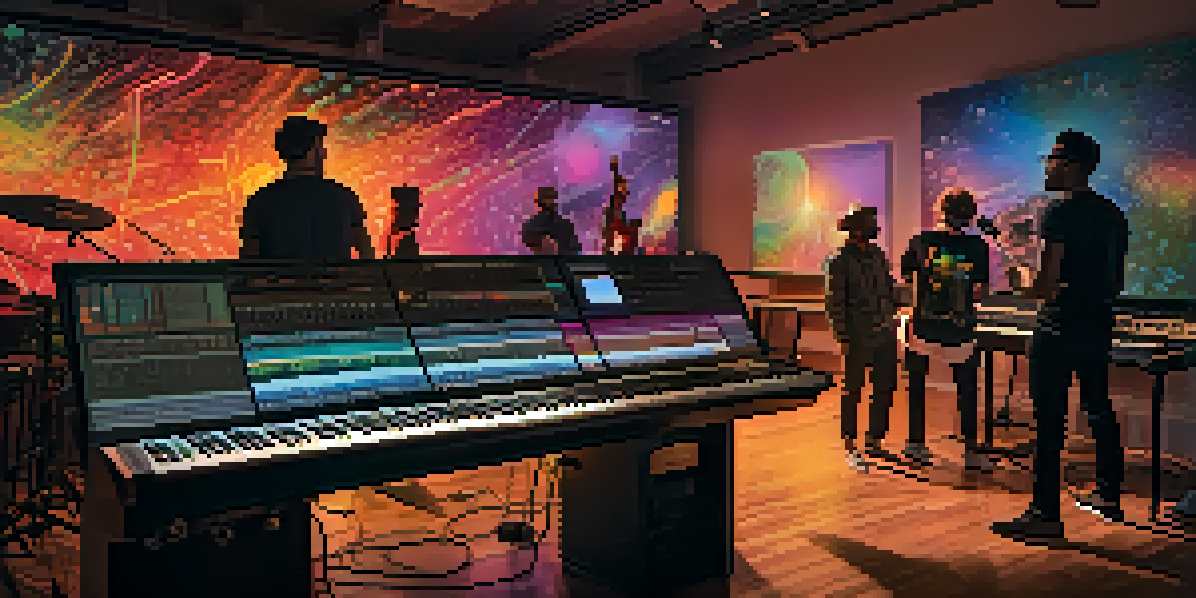 A diverse group of musicians collaborating in a vibrant music studio with high-tech equipment and warm ambient lighting.