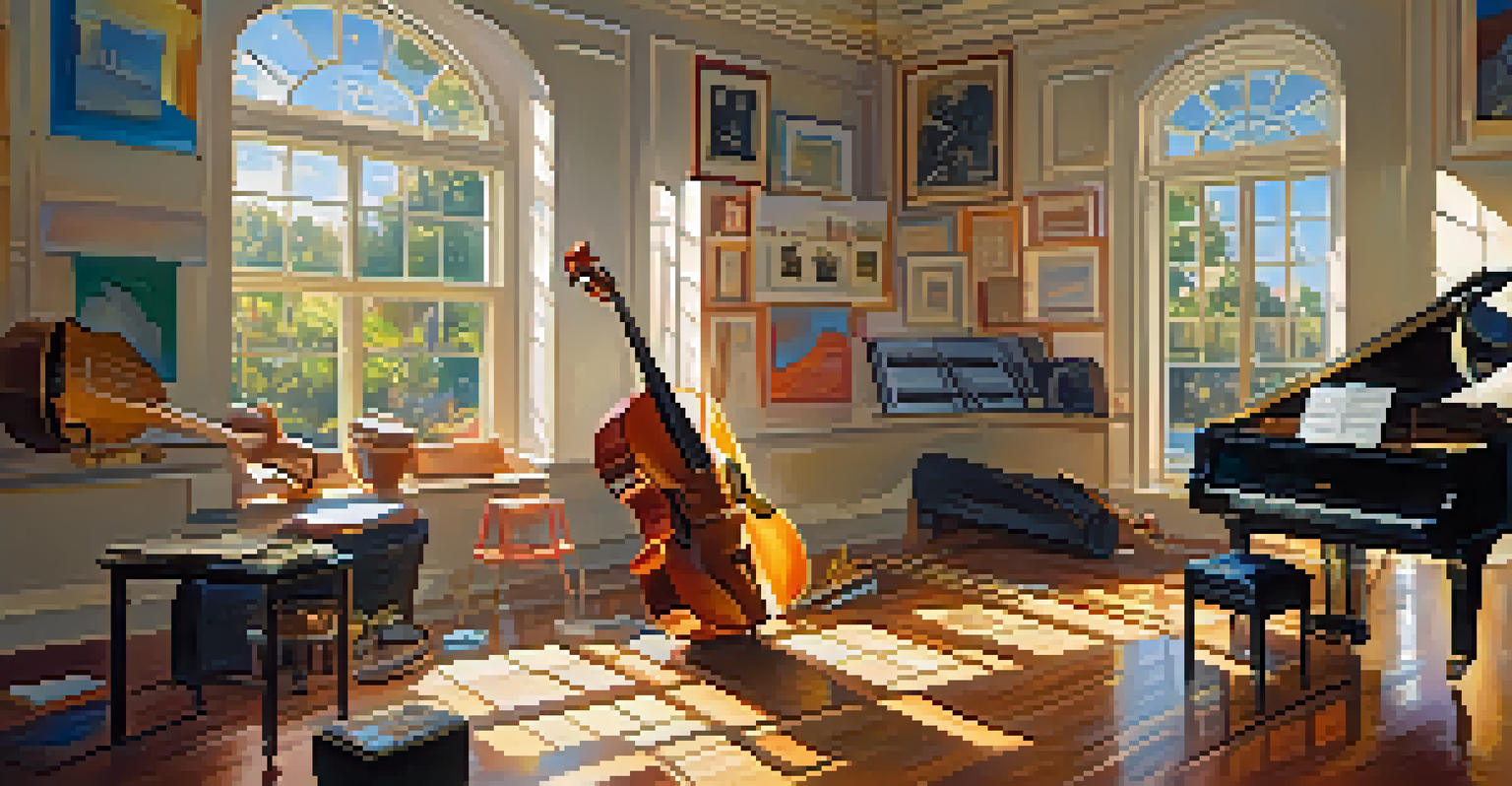 A colorful music practice room with a piano, guitar, and scattered sheet music, illuminated by sunlight.