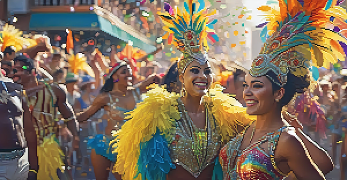 A lively carnival scene with dancers in bright costumes and a festive crowd, celebrating samba music.