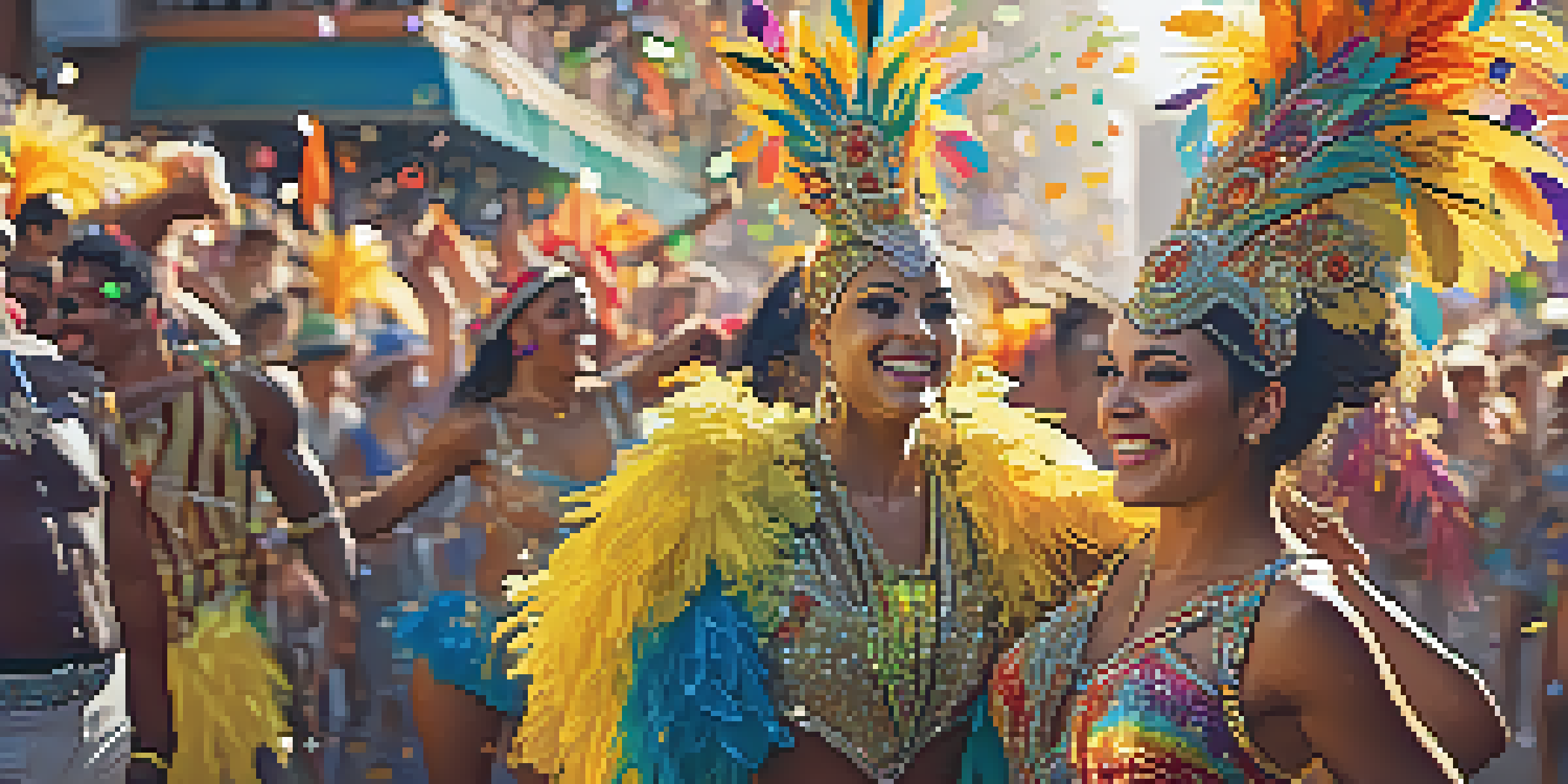 A lively carnival scene with dancers in bright costumes and a festive crowd, celebrating samba music.