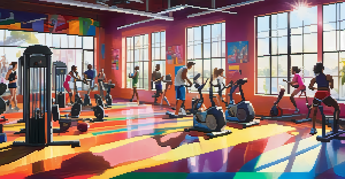 A lively gym with diverse individuals working out, bright exercise equipment, and sunlight streaming through windows, symbolizing energetic music.