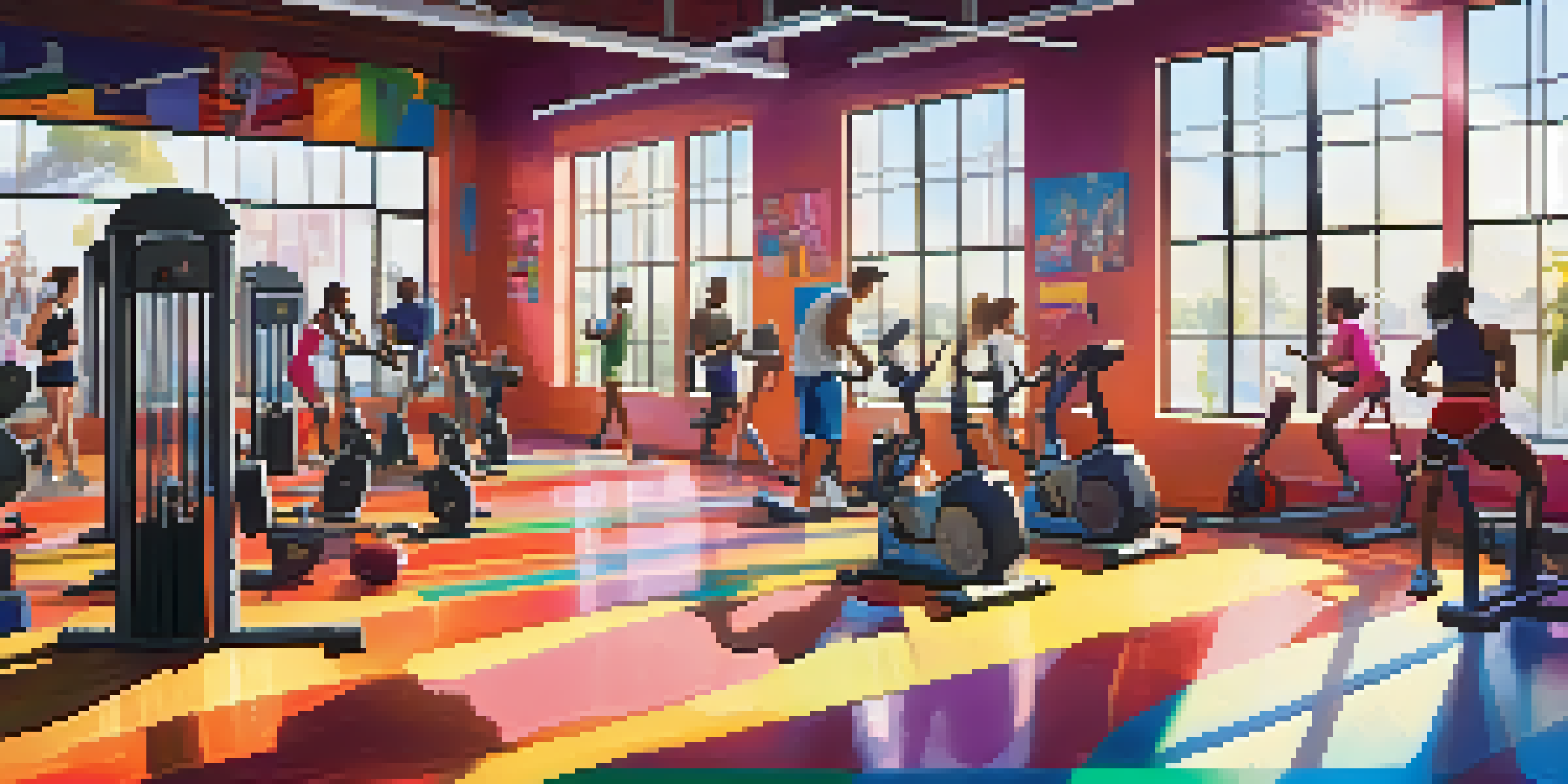 A lively gym with diverse individuals working out, bright exercise equipment, and sunlight streaming through windows, symbolizing energetic music.