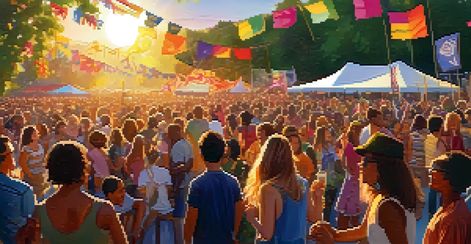 A lively community music festival with diverse attendees enjoying live performances under a colorful sunset.