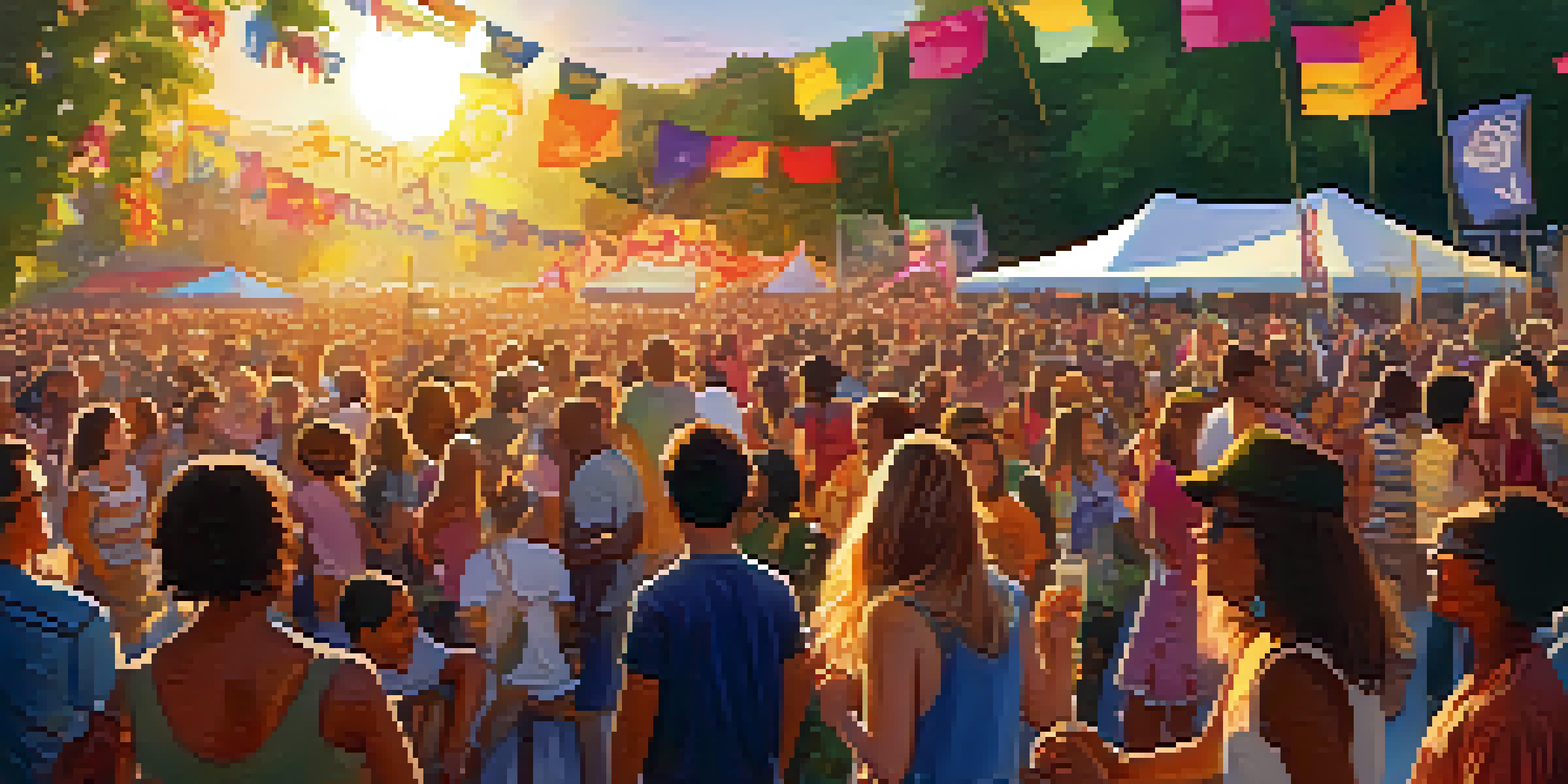 A lively community music festival with diverse attendees enjoying live performances under a colorful sunset.