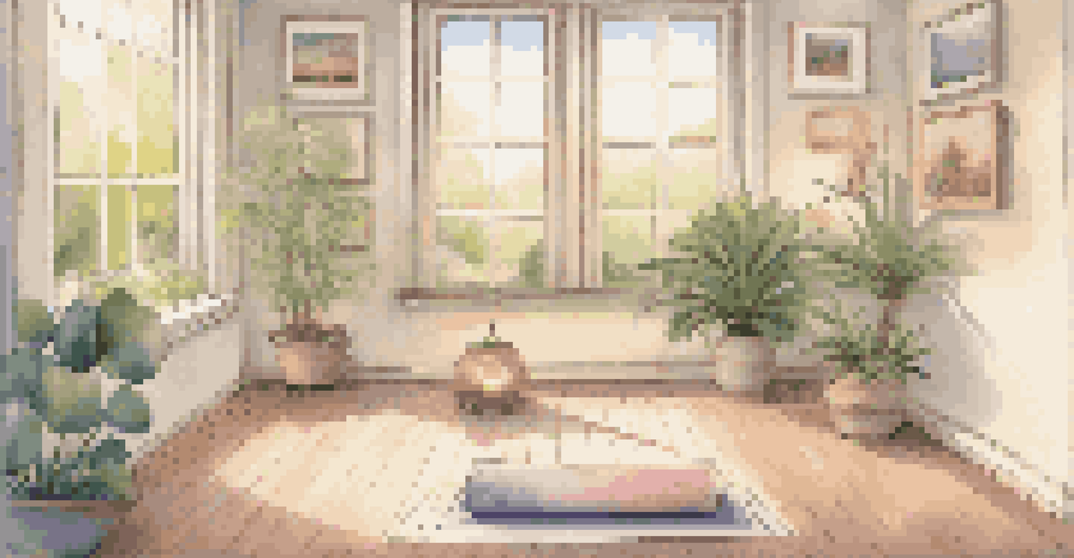 A peaceful meditation area featuring a yoga mat, candles, and a view of a garden.