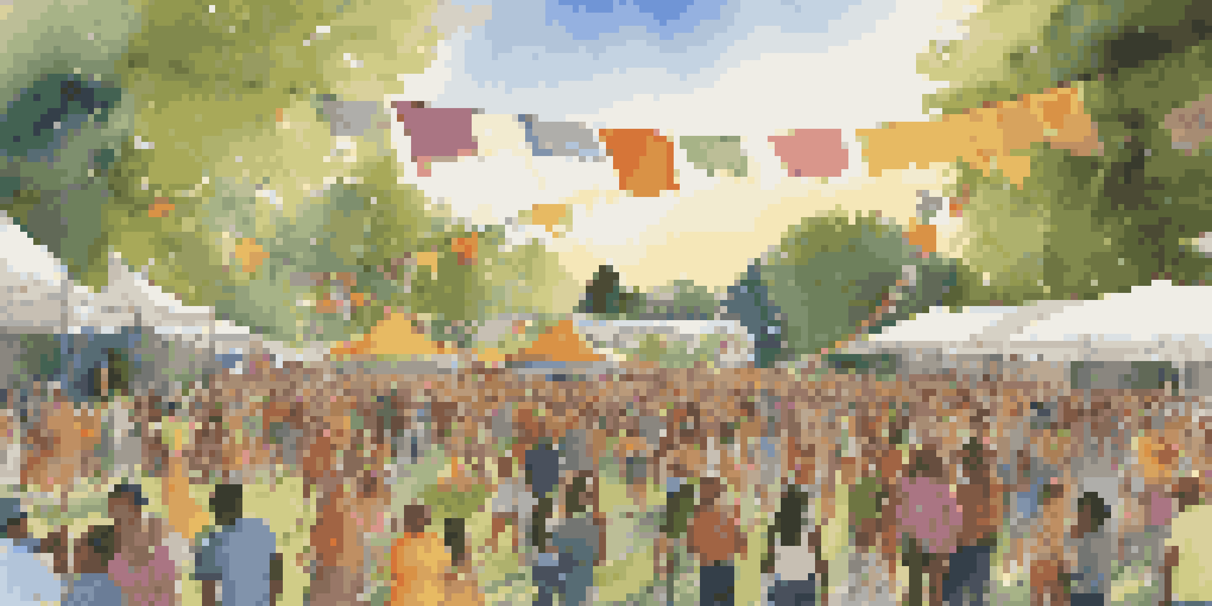 A lively music festival in a park with diverse musicians on stage and a crowd of families enjoying the atmosphere during sunset.