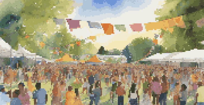 A lively music festival in a park with diverse musicians on stage and a crowd of families enjoying the atmosphere during sunset.