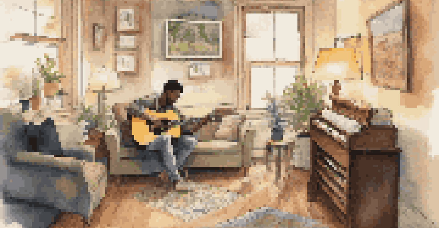 A music therapist and a young adult engaged in a songwriting session in a cozy, warmly lit room filled with musical elements.